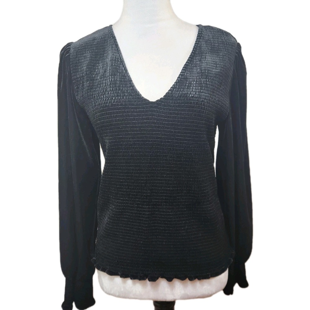 1. STATE Smocked V Neck Velour Top Womens Medium Black Goth Whimsigoth Feminine